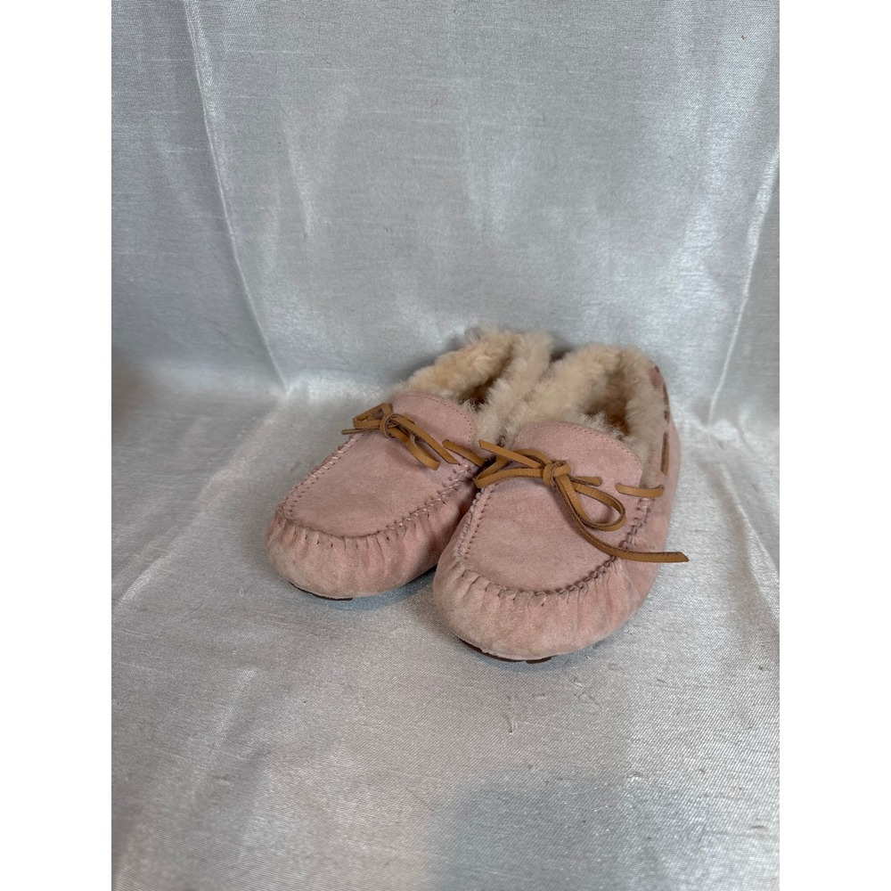 UGG Womens Pink Suede Leather Moccasin Slippers Faux‎ Fur Lined Size 5